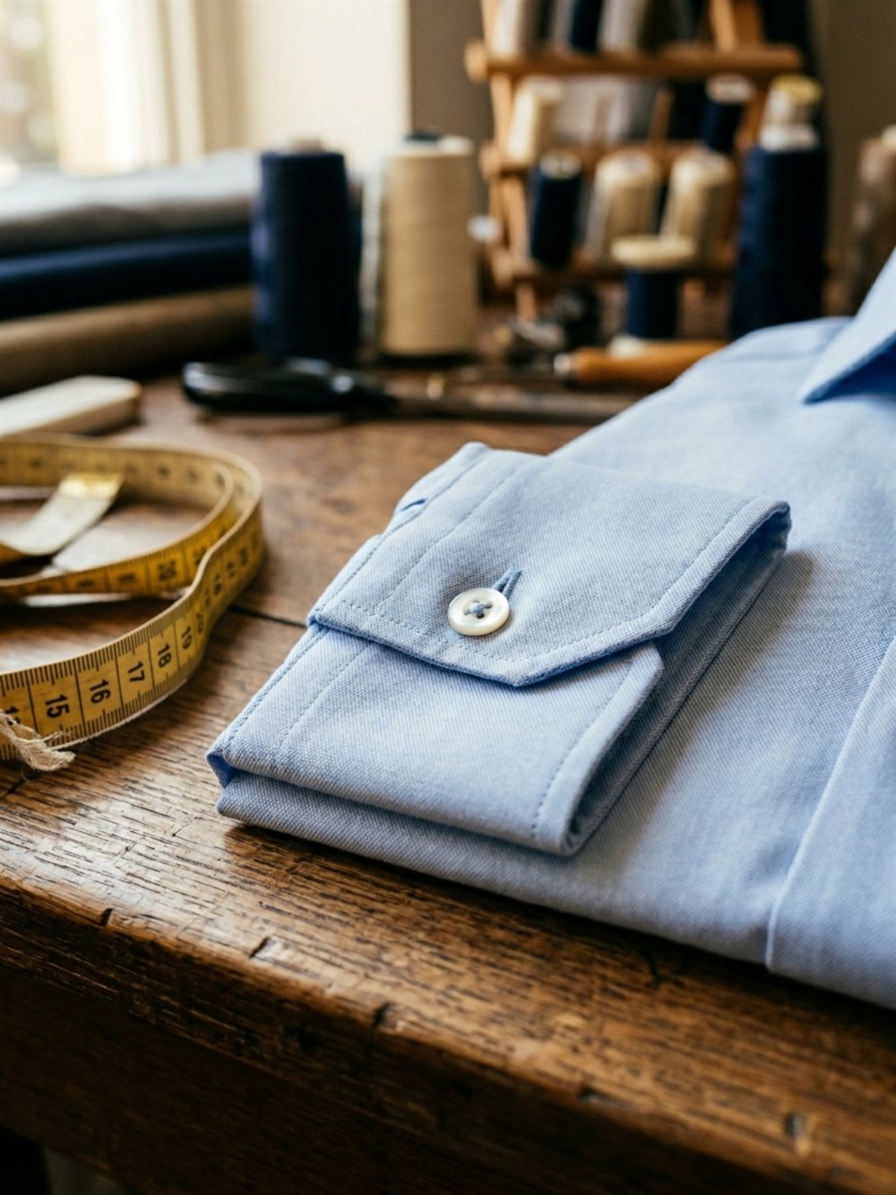 Detalle de puno de camisa a medida con boton de nacar en El Taller de la Camisa, Madrid